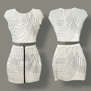 NEW Bebe 2 PC Mesh Glitter Stretch Bodycon Top and Skirt in Off White/Ivory XS